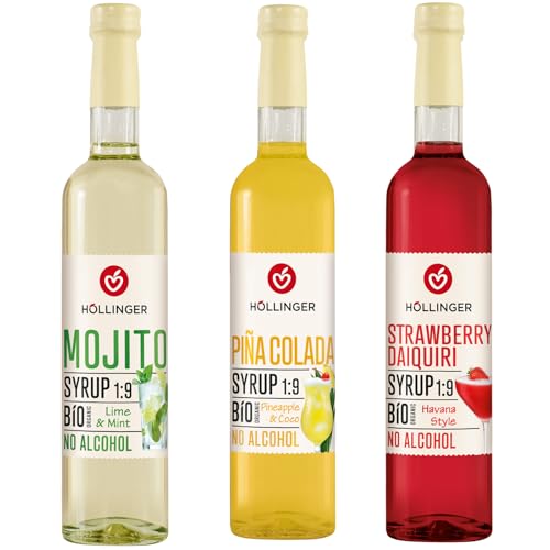 HÖLLINGER Bio Cocktail Sirup Set Alkoholfrei Mojito Lime & Mint Piña Colada Strawberry Daiquiri 3x500ml Vegan 1:9 Konzentrat