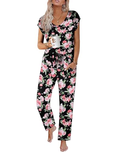 Image of Ekouaer Womens Pajama Sets Short Sleeve Sleepwear Tops and Long Pants V Neck Pjs 2 Piece Lounge Set with Pockets S-XXL