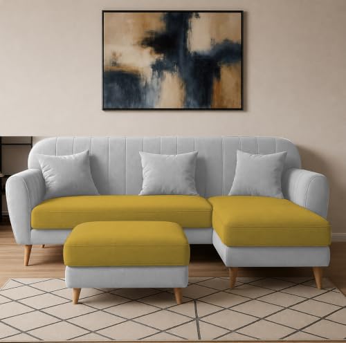 Image of Atticus RHS 4 Seater L Shape Sofa Set with Ottoman for Living Room (Yellow Grey Fabric) Premium Fabric Sofa Set