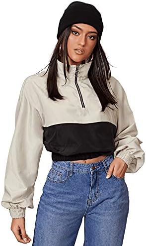 SweatyRocks Women's Long Sleeve Half Zip Workout Crop Pullover Jacket Windbreaker Beige Black S