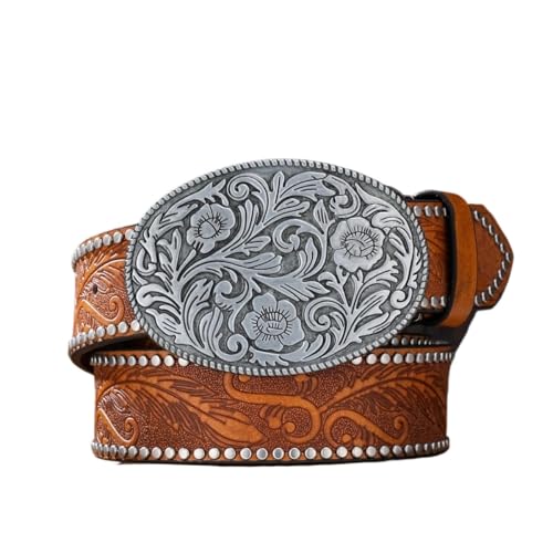 Ceinture western cuir PU clouté 3.8cm boucle argentée fleurie