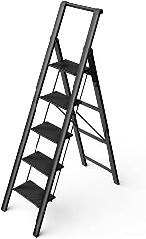 5 Step Ladder, Folding Step Stool, Lightweight Aluminum Foldable Black Ladder with Anti-Slip Wide Sturdy Pedal and Handgrip, Multi-Use for Home, Library, Office, Garage (330 lbs Capacity)