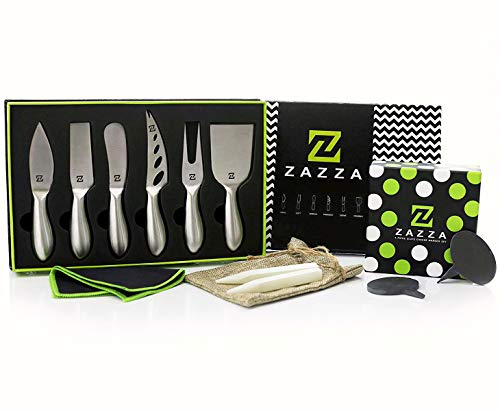 Zazza Premium 6-Piece Cheese Knife Set PLUS 5 Cheese Markers Set 2 Soapstone