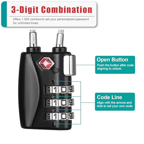 Foto von ZHEGE TSA Kofferschloss, Zahlenschloss 3 stellig, Schloss mit Zahlencode,TSA Schloss für Reise, Klein Zahlenschllösser Spind (Schwarz, 2 Stücke)