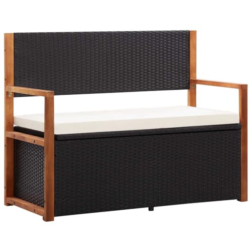 Banco de jardín con almacenamiento de 115 cm en polirratán negro y madera 2
