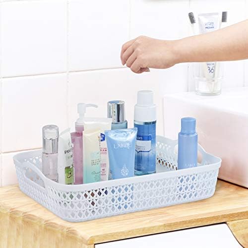 Readsky 6-Pack Flat Plastic Storage Baskets with Handles Office Supply Organizer, White and Mint Green