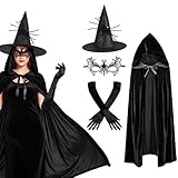 NieYat Hexenkostüm Damen, 4-teiliges Set für Halloween-Partys, Kostümball und Mottoparty, Inklusive Hexenhut, Der Mantel, Handschuhe und Maske