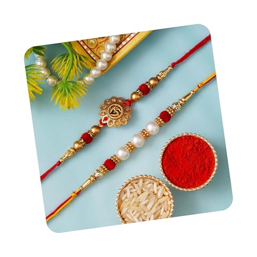 Image of eCraftIndia Set of 2 Peach, Green & Golden Pearls, Designer Rakhis | Roli Chawal Pack