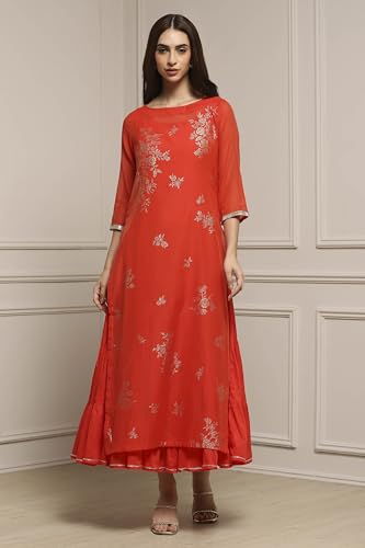 Image of Biba Women's Poly Chanderi 3 /4 Sleeves Calf Length Round Neck A-Line Casual Dress