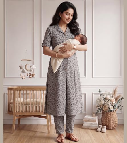 Image of DUMMY SHAPE Feeding Dresses for Women Full Set | Cotton Blend Maternity Kurta Pant Suit with Dual Nursing Zippers, Side Pocket to Pre & Post Pregnancy | Mom to Be Gifts