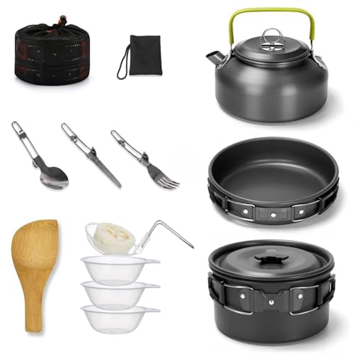 OULOVECO キャンプ用調理器具セット 14点セット 食品グレードの硬質アルミニウム 耐熱 直火対応 アウトドア アルミケトル フライパン 調理鍋 折畳み式 軽量 収納袋付き 持ち運びに便利 キャンプ用品 ステンレス製のナイフフォークスプーン PP シ