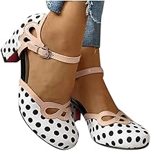 Hbeylia Womens Pump Ballet Flats Vintage Dot Round Toe Chunky High Heels Ankle Strap Dressy Shoes For Women Ladies Dress Wedding Banquet Evening Party