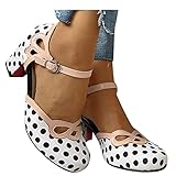Womens Sandals, Women's Chunky Heel Mary Jane Shoes, Retro Polka Dot Casual Sandals Bow Ankle Buckle Backless High Heels Round Toe Fashion Dress Sandals