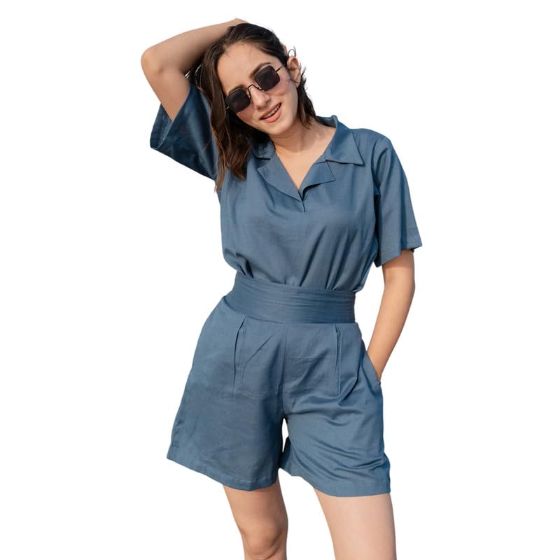Babli Women's Kashmiri Blue Co-ord Set Shorts & Top | Polo Neck, Half Sleeves, Elasticated Shorts, Two Pockets, Cotton-image-42