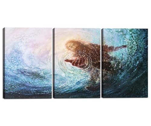 Jesus Canvas Wall Art for Living Room Bedroom Home Decor Christian Painting Posters Prints Jesus Pictures Framed Ready to Hang Teal Blue 3 Piece (16