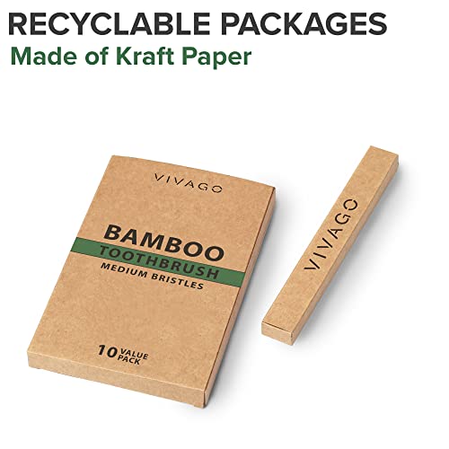 Vivago Bamboo Toothbrushes Medium Bristles 10 Pack - Bpa Free Medium Bristles Toothbrushes For Adults | Eco-Friendly, Compostable & Biodegradable Toothbrush | Natural Wooden Toothbrushes #TOP4