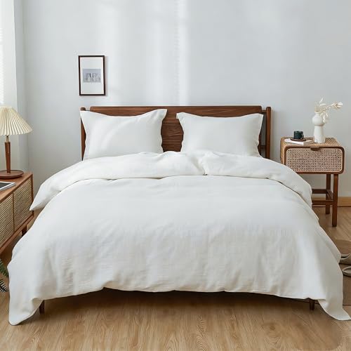 Simple&Opulence Linen Duvet Cover Set, Queen, 3 pcs, White