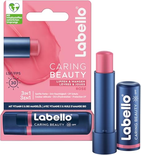 Labello Caring Beauty Rose Lippenpflegestift mit Farbe und Sonnenschutz, farbige Lippenpflege mit LSF 30, Vitamin E und Bio-Mandelöl, Lippenbalsam für Lippen und Wangen (4,8 g)