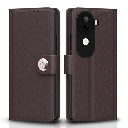 Image of Pikkme Flip Cover Leather Finish | Inside TPU with Card Pockets | Wallet Stand and Shock Proof | Complete Protection Button Flip Case for Vivo V40e 5G / iQOO Z9s 5G(Coffee)