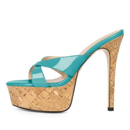 Image of Esvowido Heeled Mules for Women Cork Platform Stiletto Heels Slip on Open Toe High Heeled Sandals Crisscross Slippers Pumps Shoes