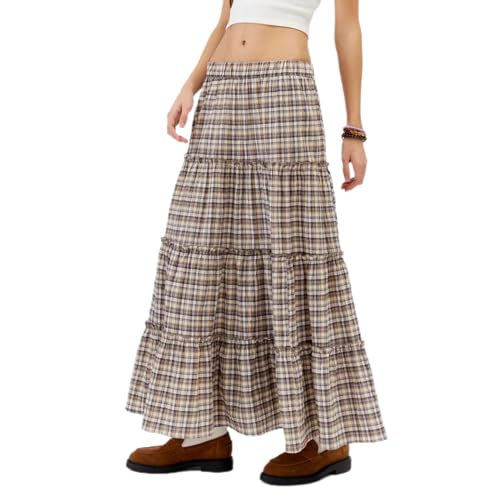 Y2k Plaid Tiered Maxi Skirt for Women Vintage Gingham A Line Long Skirt Summer Ruffle Flowy Swing Midi Skirt
