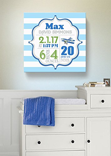 Personalized Stretched Canvas Birth Announcement Gift, Custom Baby Name, Date, Weight Stats, Newborn Airplane Nursery Wall Art Decor, Wooden Frame Construction, Ready to Hang 16X16