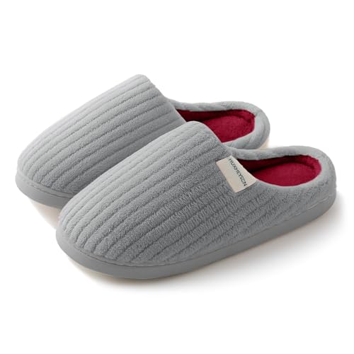 HUXMEYSON Slippers for Women, Warm Memory Foam Comfy House Slippers with Anti-Skid Rubber Sole for Indoor and Outdoor, Light Grey & Red, 9-10