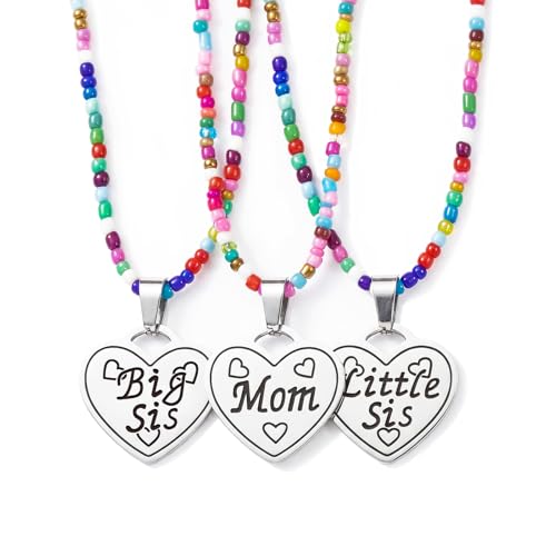 Image of Big Middle Little Sister Mom 2 Daughters Heart Colorful Beaded Necklaces | 3Pcs matching sister pendant set, meaningful friendship & family jewelry, ideal gift for BFF, sisters, mom & daughter
