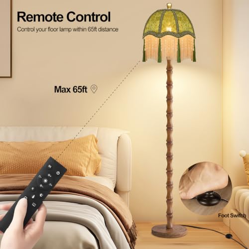 Image of ZECOXOL Wood Floor Lamps for Living Room Boho Rustic Floor Lamp with Remote Control,Dimmable Vintage Floor Lamp Green Mid Century Modern Standing Lamp Pole Tall Fringe Floor Lamp for Bedroom Corner