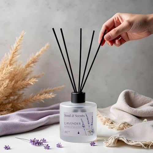Image of Soul & Scents 50ml Lavender Reed Diffuser Set | Blend of Rosemary and Vanilla | Get 5 Rattan Reed Sticks | Smoke Less Room Freshener for Home, Bedroom, Living Room & Office