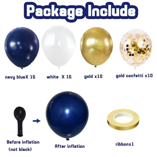 Image of Zesliwy Navy Blue Gold Confetti Balloons Set,50pcs 12inch Royal Dark Blue Metallic Gold White Latex Balloons with Ribbon for Birthday Wedding Graduation 2026 Bridal Shower Party Decorations