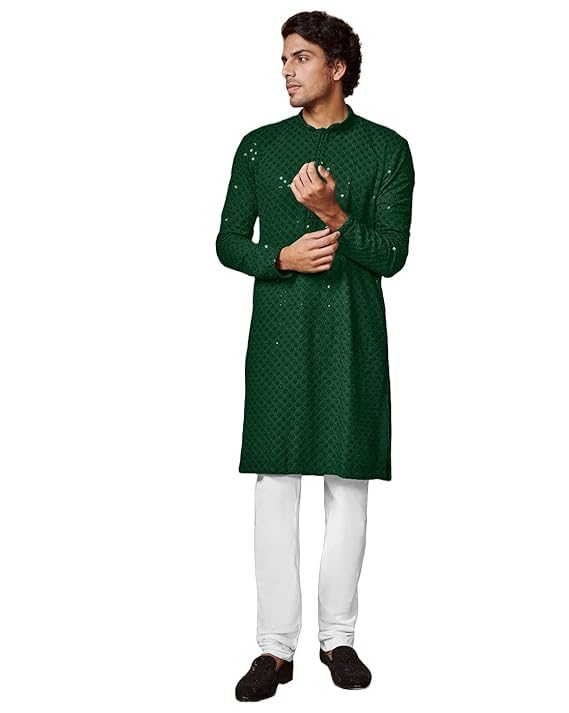 Image of Men's Rayon Blend Lucknowi Sequence Kurta Pyjama (Chickankari)