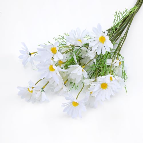Exircy Artificial White Daisy Flowers 6 Bundles 21 UV Resistant Outdoor Silk Daisies Flowers with Stems and Leaves Faux Greenery Shrubs Plants Arrangements for Home Garden Vase Decor