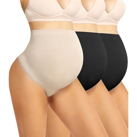 Boguish Seamless Maternity Shapewear Over Belly Support Thong High Waist Underwear Panties for Pregnancy 2*Black/Nude Size XL Cover