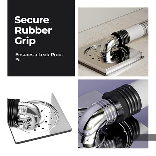 Image of SEABIRD 5-Inch Washing Machine Outlet Pipe Connector with Square Floor Drain Cover | SS Grating, ABS Elbow & Rubber Seal | Leak-Proof, Rust Resistant & Anti-Overflow for Bathroom & Laundry
