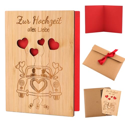 Hochzeitskarte Holz mit Umschlag,15x11cm Grußkarten zur Hochzeit,Holz Herz Liebesbrief Karte,Beschreibbare Bambuskarte ,Glückwunschkarte für Valentinstag ,Jahrestag ,Einladungskarten(Hochzeitsauto)