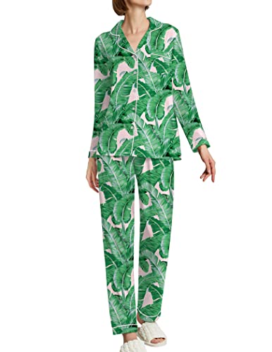 Ekouaer Pajama Set For Women Button Down Nightwear Soft Cotton Sleepwear Pjs 2 Piece Lounge Set,Medium,Green Leaves #TOP28