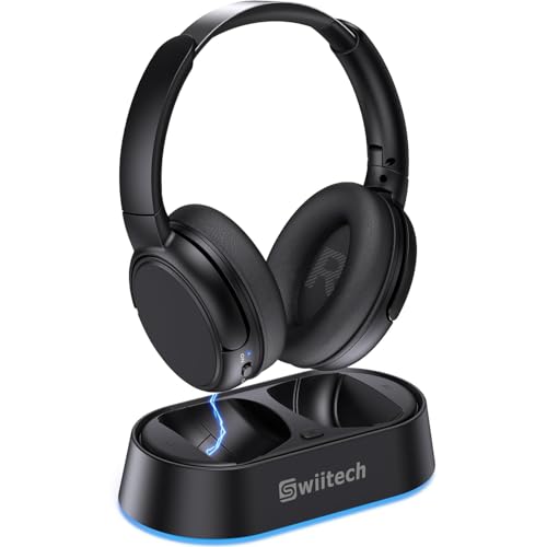 Swiitech wireless TV headphones on charging dock, black with plush earcups