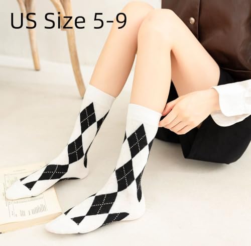 Argyle Socks Retro High Ankle Women 5 Pairs British Style Cute Plaid Mid-calf Casual Crew Socks2