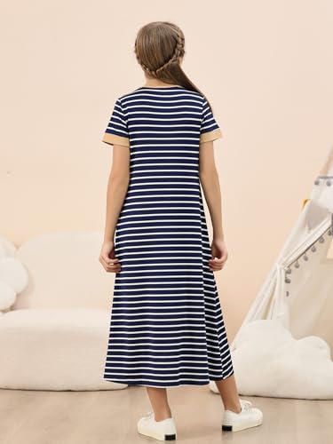 GORLYA Girls Contrast Striped Loose Casual Long Shift Swing Patch Pocket T-Shirt Maxi Dress 6-14Y2