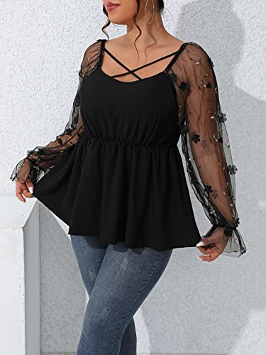 top feminino tamanho grande Plus Contrast Floral Mesh Flounce Sleeve Peplum Blouse (Color : Preto, S