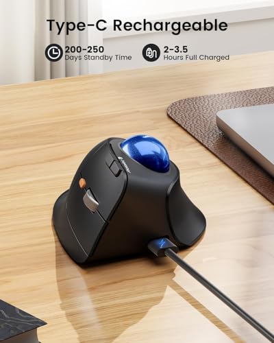 Image of ProtoArc Vertical Wireless Trackball Mouse, EM05 NL Bluetooth Ergonomic Rollerball Mouse Rechargeable Computer Laptop Thumb Mice, 3 Device Connection, Compatible with iPad, Mac, Windows, PC-Blue