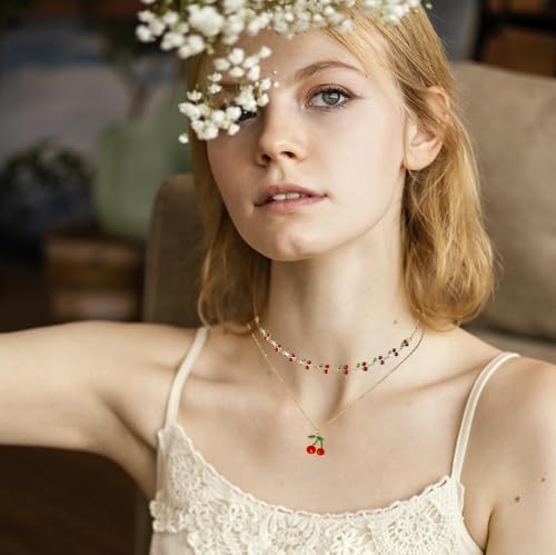 Jojomina Cherry Necklace for Women 2PCs 14K Gold Plated Layered Dainty Pendant Cute Summer Fruit Jewelry Accessories2