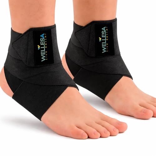 Image of WELLESA Orthowrap Premium Ankle Support Brace | Adjustable Compression Wrap for Foot & Ankle Pain Relief, Sprain, Injury, Swelling | One Size Fits All - Pair