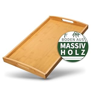 HEIMWERT Tablett Serviertablett Bambus Holz – besonders stabiles und leichtes Holztablett mit Griff – rechteckig Tablett Holz Serviertablett groß Serving Tray Küchen Deko Servierplatte (Natur)