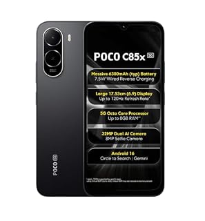 Poco C85x 5G Smartphone, Elite Black, 6.9 Inch Display, 32MP Dual AI Camera, 6300mAh Battery, 64GB Storage, 4GB RAM, Android 16