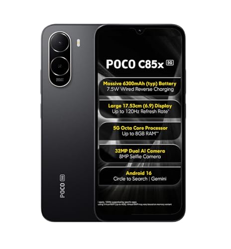 POCO C85x 5G Smartphone, Elite Black, 6.9 Inch Display, 32MP Dual AI Camera, 6300mAh Battery, 64GB Storage, 4GB RAM, Android 16 view 1