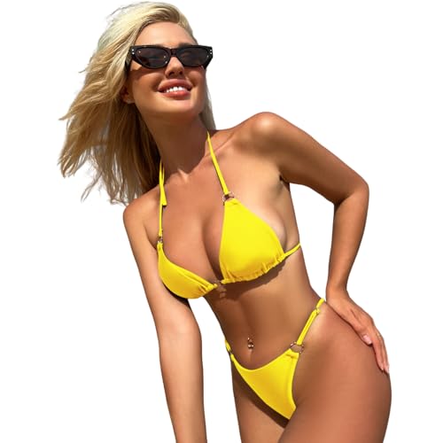 Image of MIKETAI Sexy Bikinis for Women 2 Piece Bikini Spaghetti Strap Swimsuits Solid Color Bathing Swimwear Triangle Bathing Suit