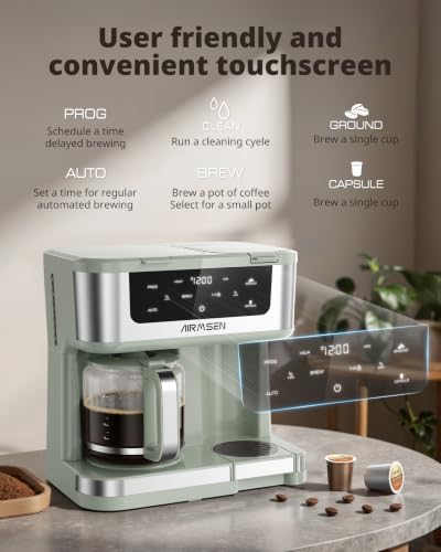 Image of AIRMSEN 12-Cup Programmable Duo Coffee Maker - Single Serve Machine for K-Cup Pods & Ground, 1000W Fast Brew, Delay Start, 2H Keep Warm, Touchscreen, 60oz Tank, Glass Carafe - Home & Office