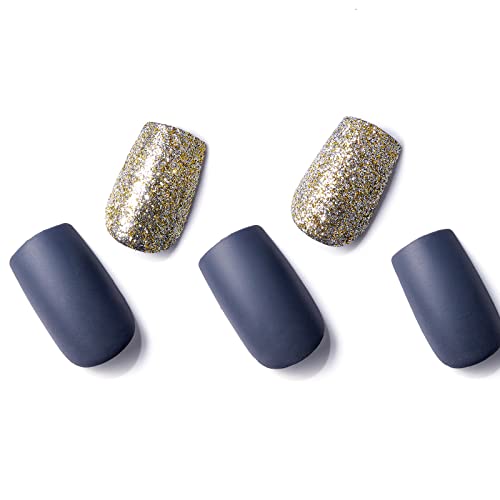 Short Press on Nails Square, Dark Blue Gold Glitter Fake Nails with Design Fall Winter Glue on Nails for Women UV Acryli